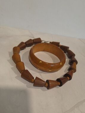Wooden Cone Shape Bead Necklace and Bangle  Set